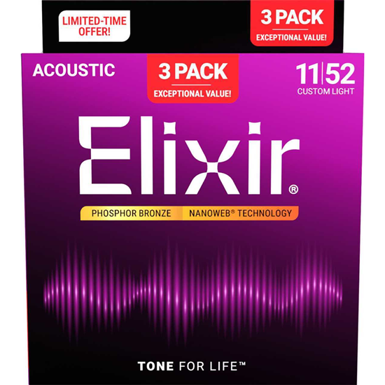 Bild på Elixir Nanoweb® Phosphor Bronze Custom Light 011-052  3-Pack 16568